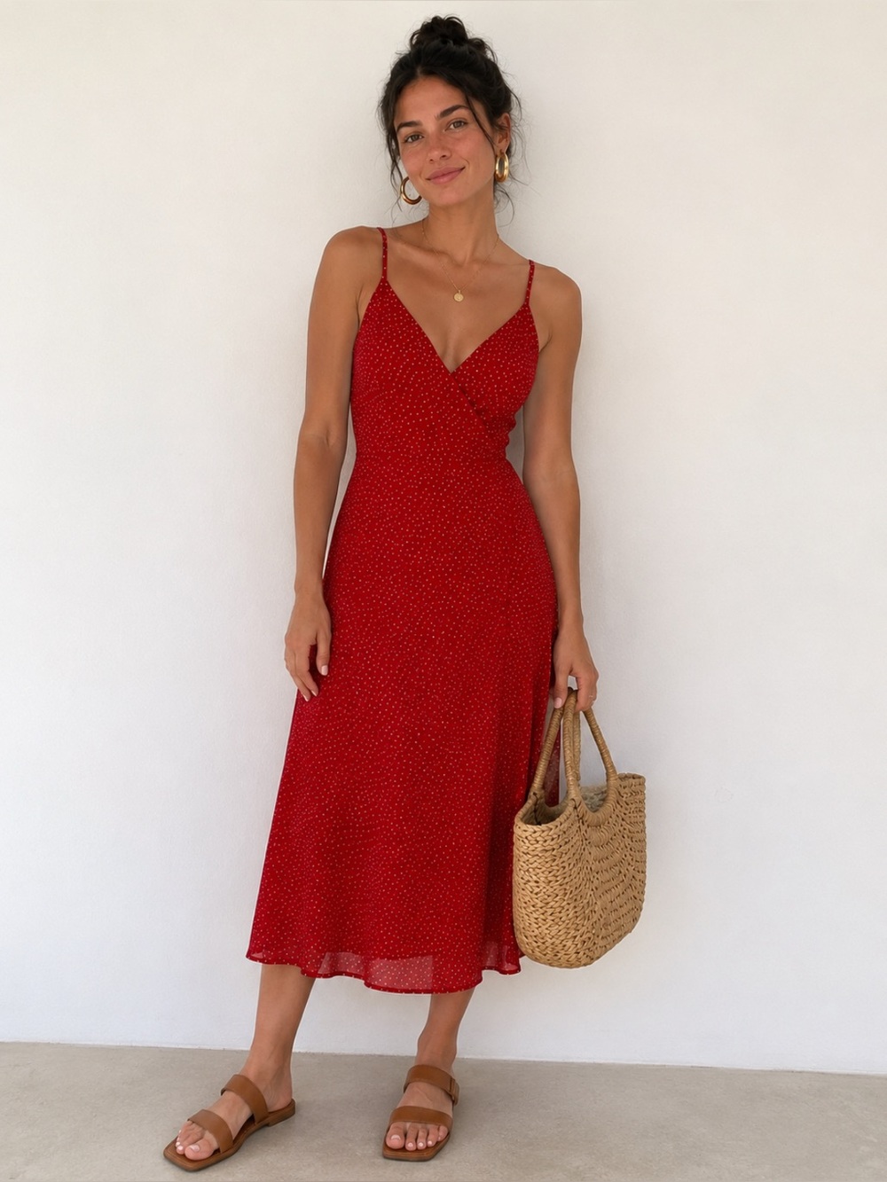 re:named Red Polka Dot Midi Slip Dress